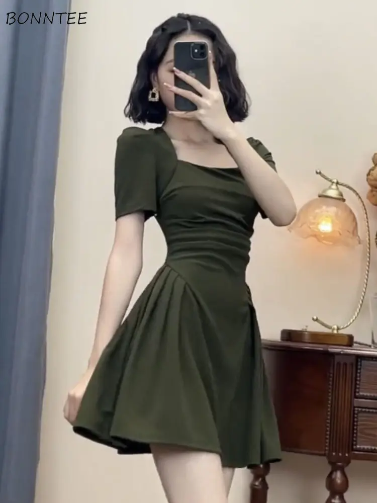 Mini robe à manches bouffantes pour femmes, plis solides, conception d'été, tendre, style 03 coréen,