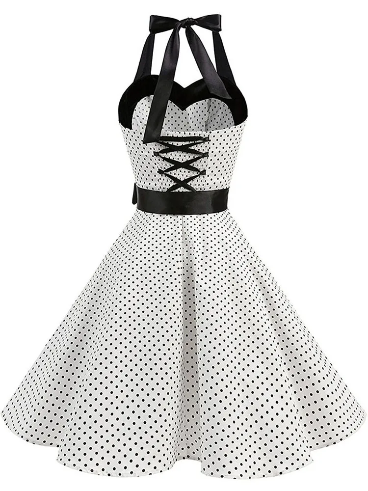 Femmes à pois imprimé Robe d'été Sexy rétro blanc licou Robe Vintage Robe Femme Pin Up Rockabilly Ro