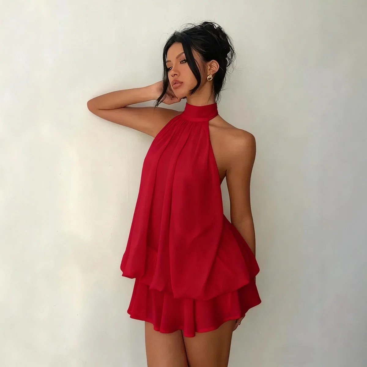 Robe licou pour femme, dos nu, en mousseline transparente, mini-jupe à nouer devant, robe de soirée