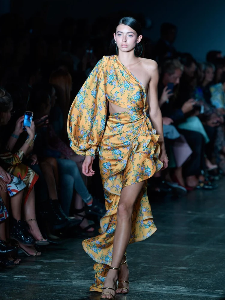 Robe longue à volants irréguliers pour femmes, Sexy, épaules inclinées, motif Floral, asymétrique ép