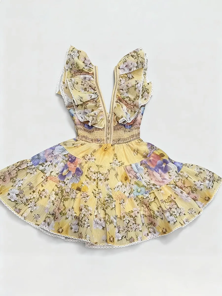 TWOTWINSTYLE minceur impression épissé volants plis robes élégantes pour les femmes col en V sans ma