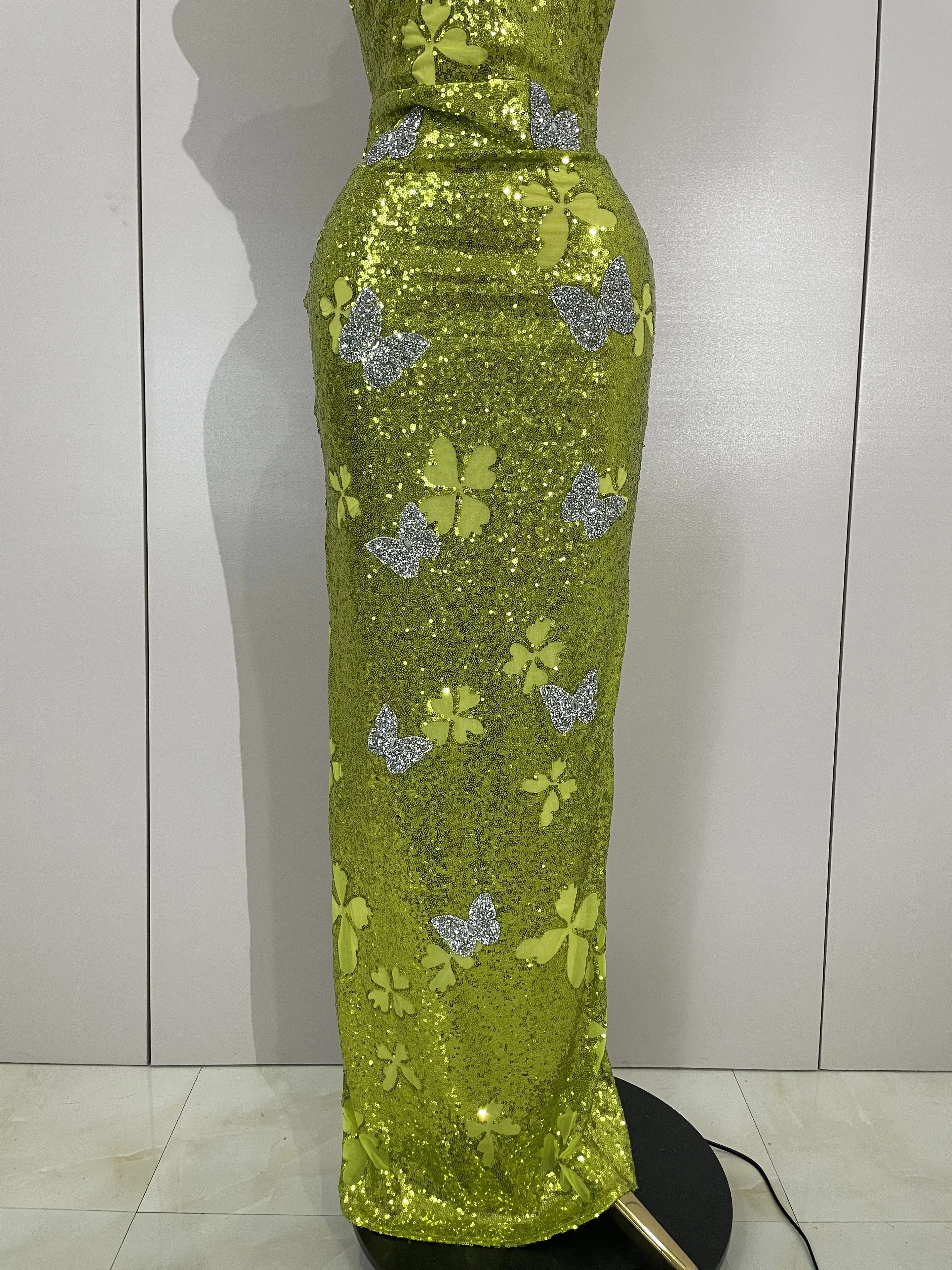 Élégant brillant papillon cristal Sexy licou vert moulante longue robe femmes célébrer soirée fête d
