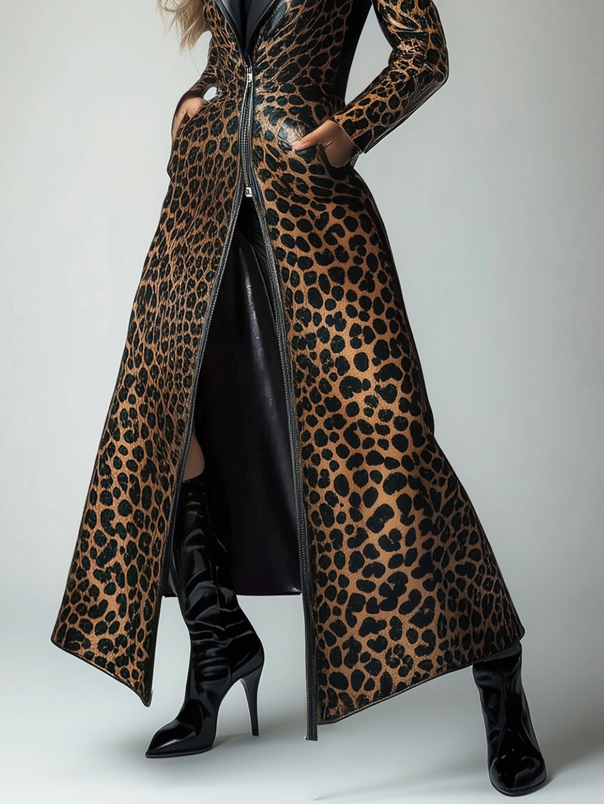 Trench-coat en cuir PU avec poche zippée et motif léopard