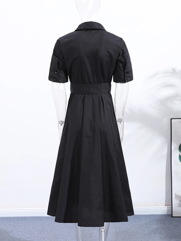 Nouvelle Robe Longue Plissée Noire Élégante pour Femme avec Ceinture, Manches Longues et Col Revers,
