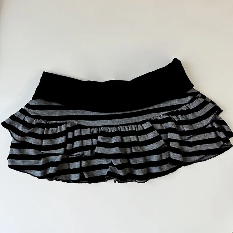 Mini jupe à volants rayée noire et grise, vêtements pour femmes Y2K Grunge, taille haute, taille éla