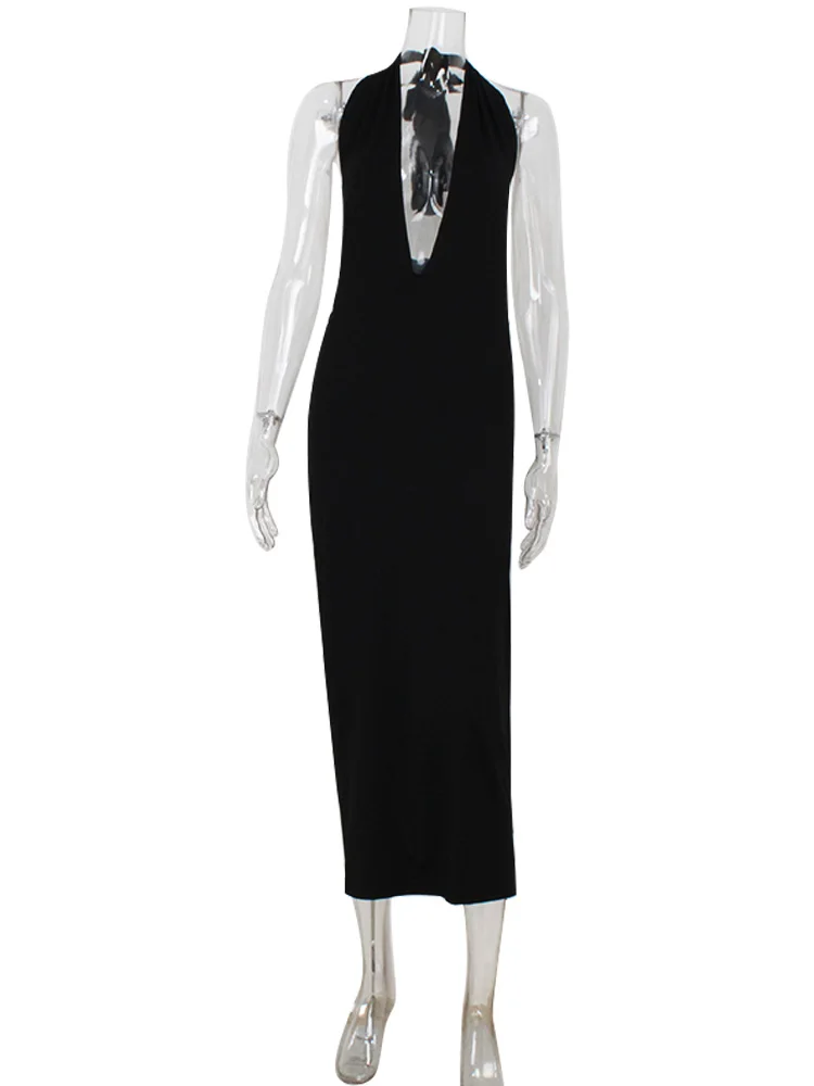 Ahagaga mode licou femmes Maxi Robes solide col en v profond sans manches noir pansement gaine moula