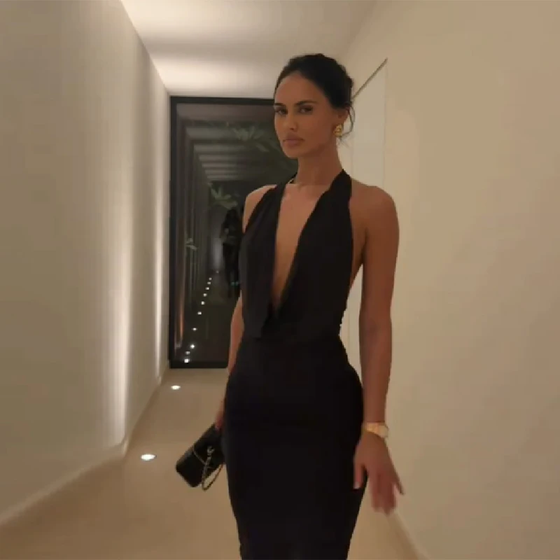 Robe Sexy à Col Halter Plongeant et Drapé, Dos Nu, Sans Manches, Coupe Ajustée, Robe de Soirée Pliss