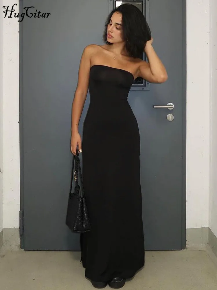 Hugcitar noir sans bretelles à manches longues Sexy moulante Maxi robe de bal 2024 automne hiver élé