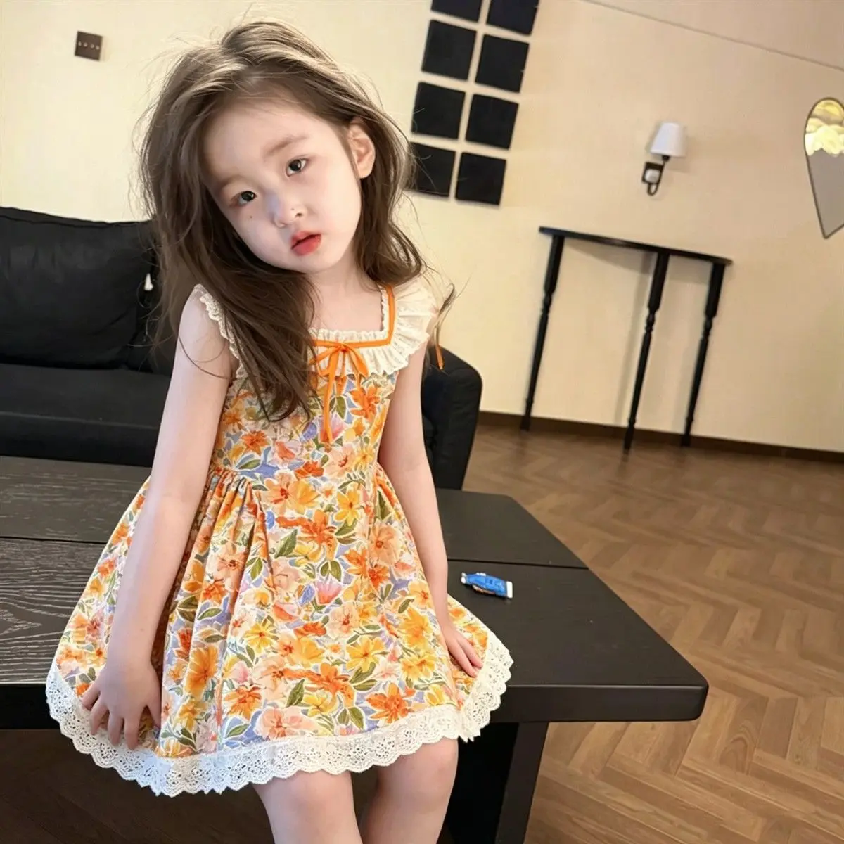 Robe d'été 2026 pour filles, style princesse, en coton, à fleurs, avec dentelle, légère, pour la pla
