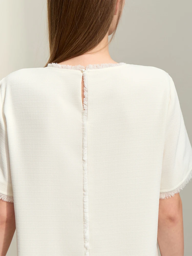 Amii-Robe mi-longue droite à manches courtes pour femmes, robes minimalistes, pompon épissé, léger,