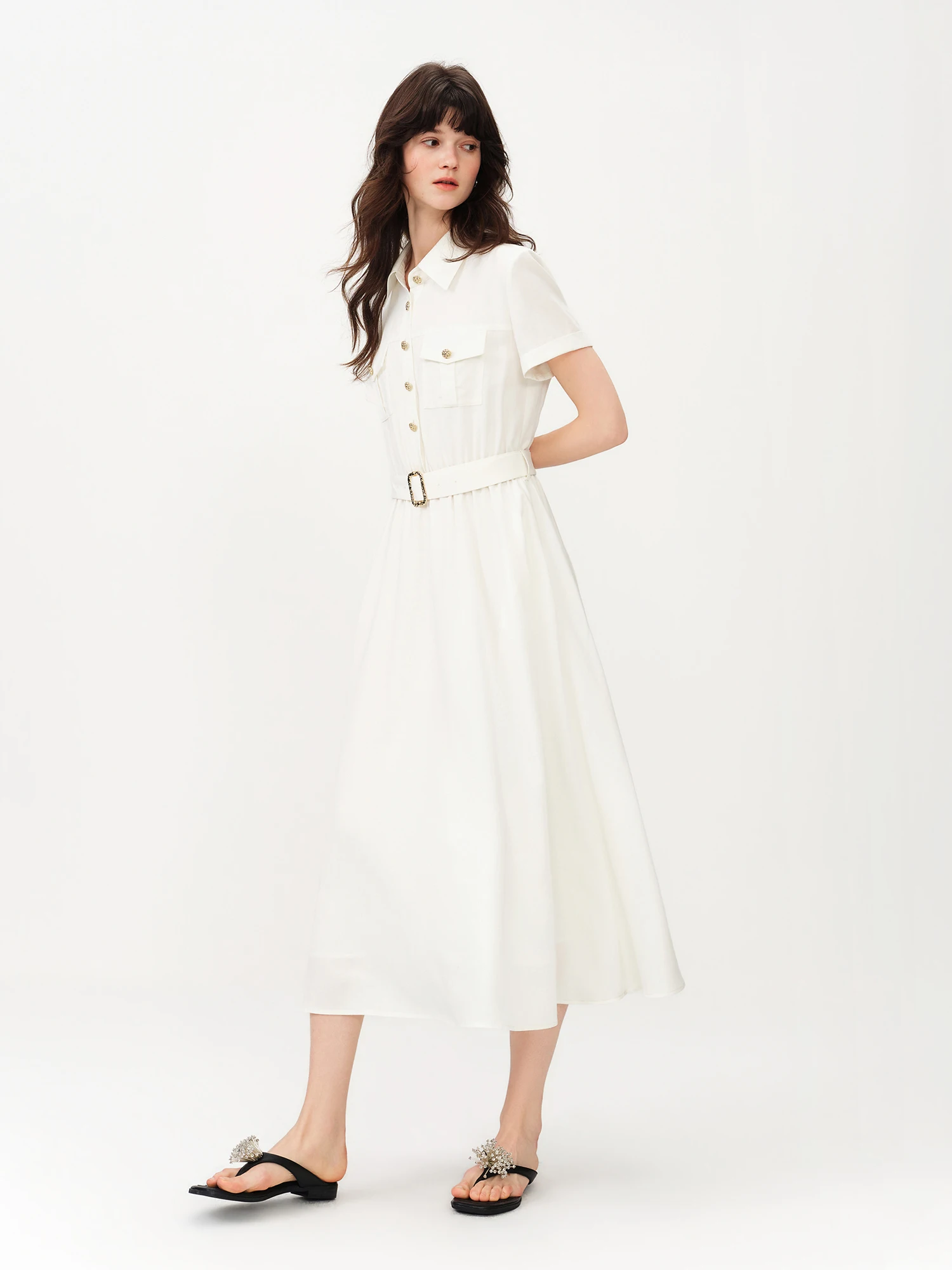 Robe d'été sophistiquée en lin à manches courtes pour femme FSLE 2026 - Coupe trapèze classique mi-l