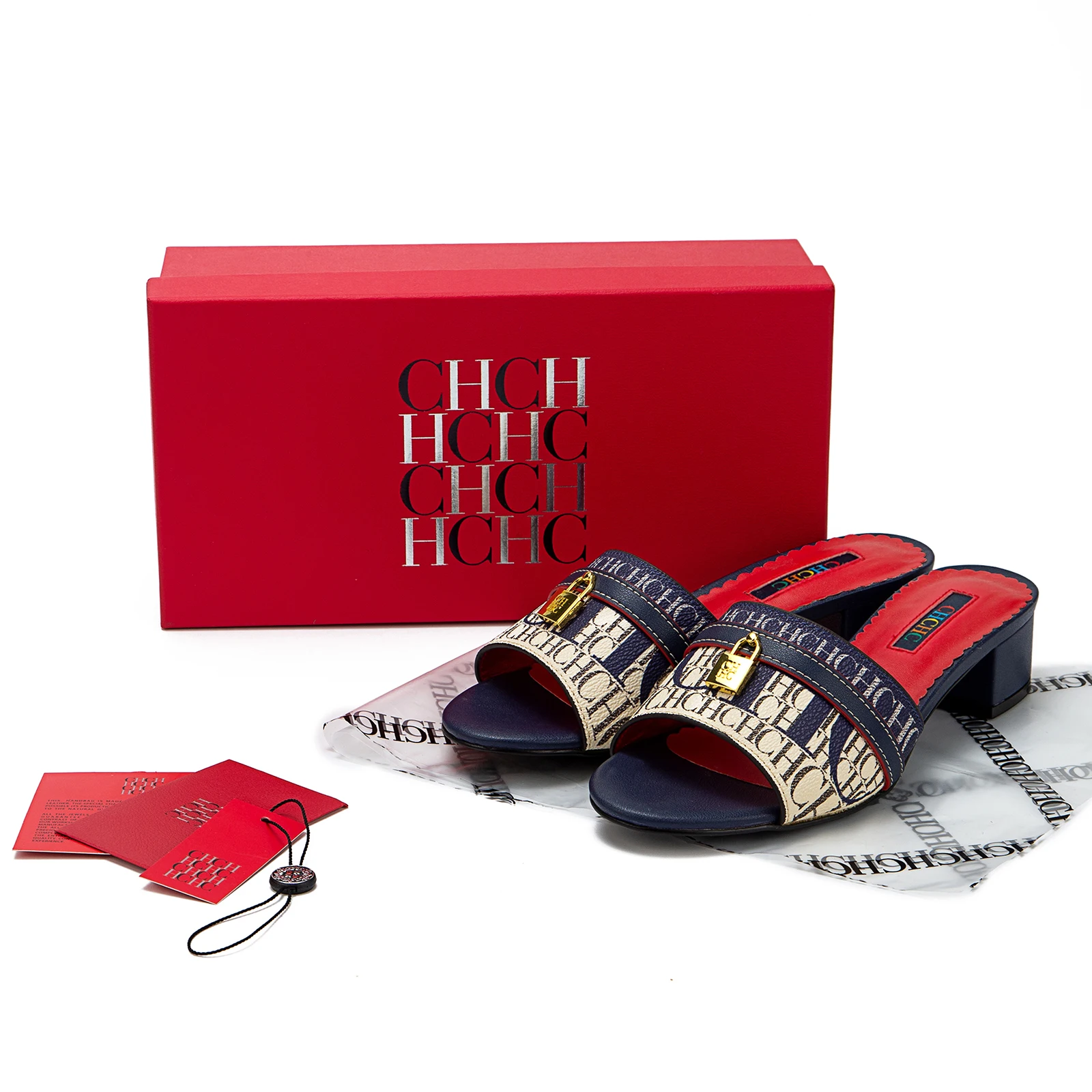 CH à la mode de haute qualité serrure en métal monogramme imprimé femmes pantoufles à talons bas tem