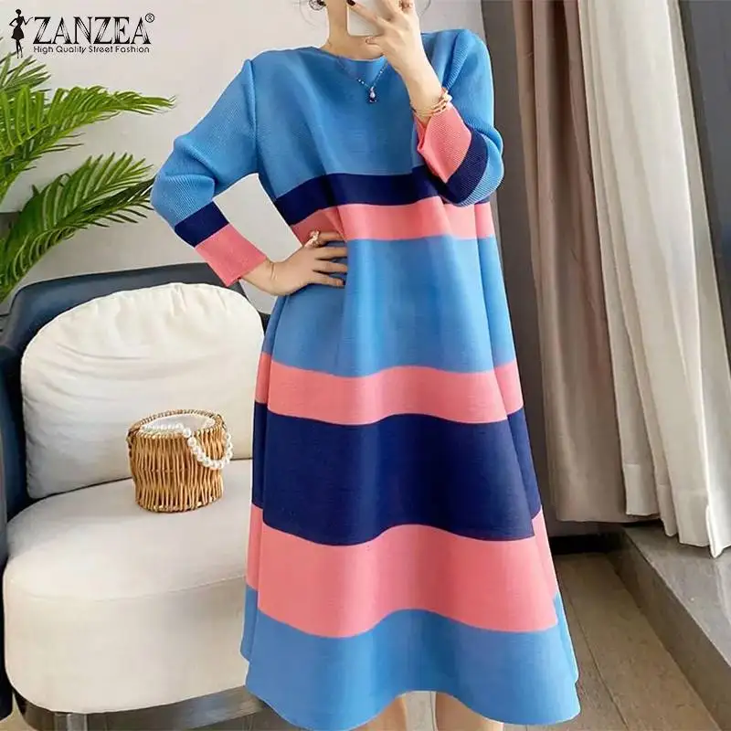 ZANZEA-Robe mi-longue rayée à col rond pour femmes, robe vintage, manches 3/4, robe ample décontract