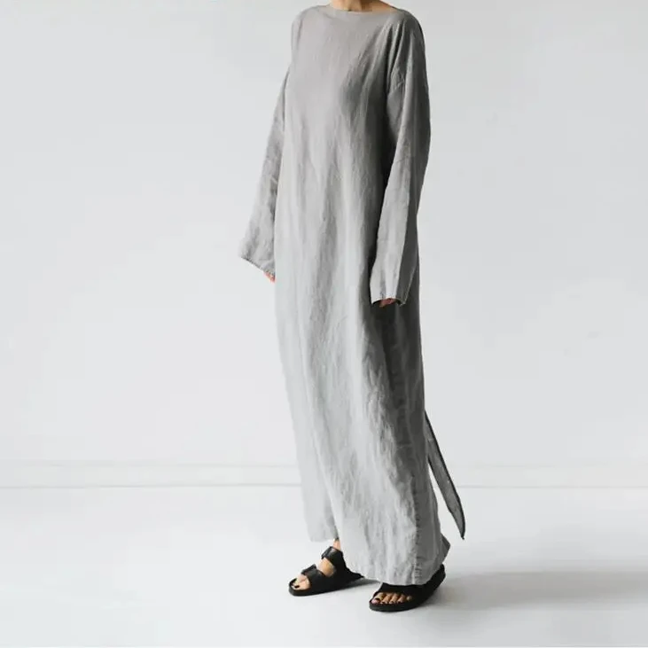 Robe longue décontractée en coton pour femmes, col rond, manches longues, gris uni, plis de document