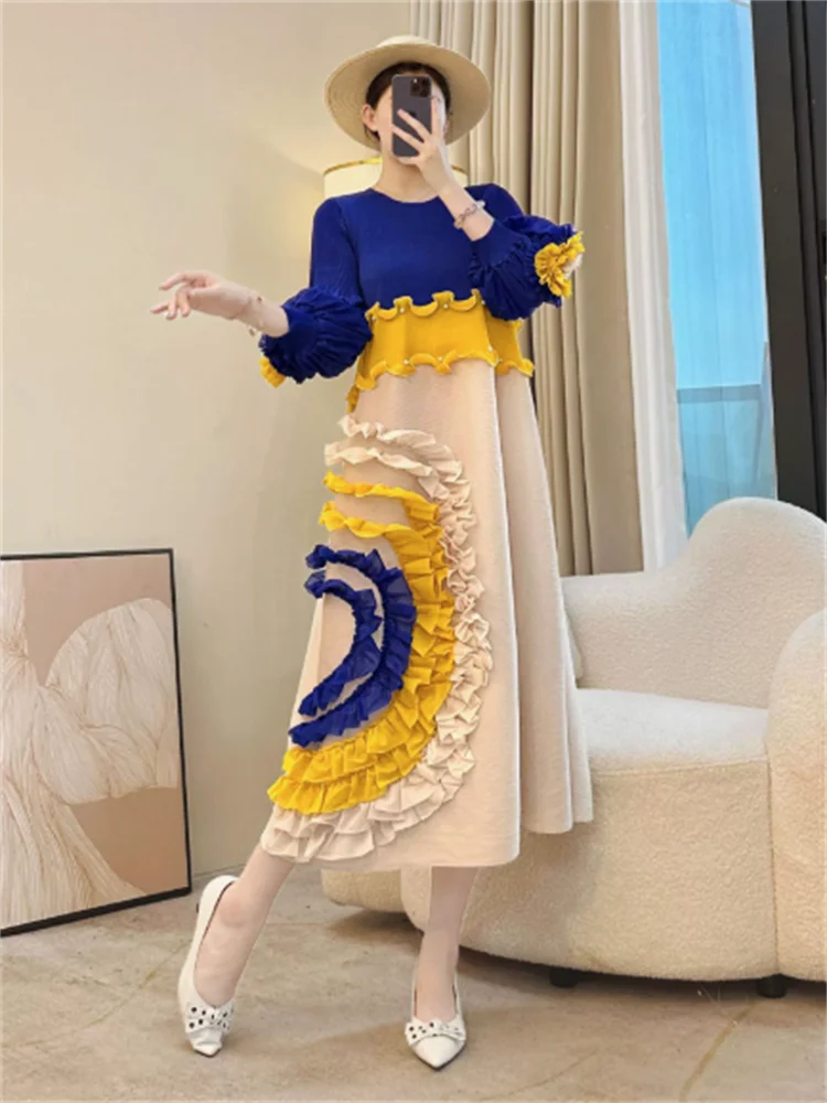 Miyake cravate fleur conception femmes robe plissée col rond à manches longues Colorblock Patchwork 