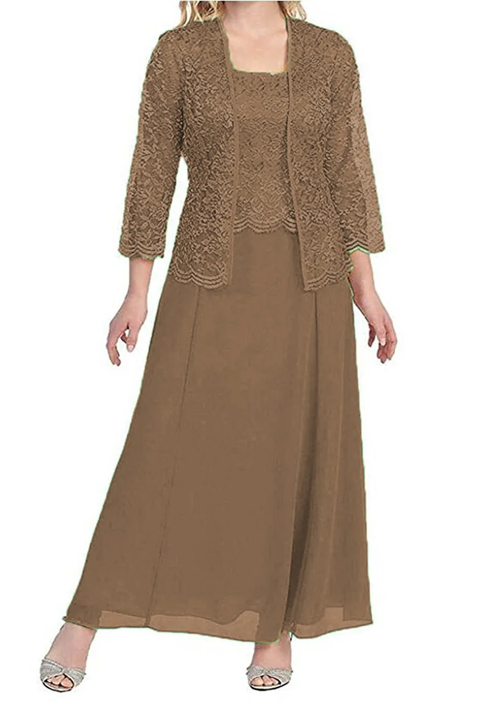 Robes de mère de la mariée avec veste, longueur cheville, en dentelle et mousseline, robe de soirée 