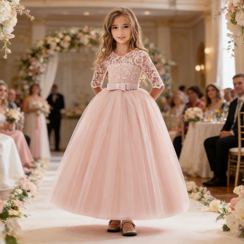 Robe longue de demoiselle d'honneur formelle pour filles, élégante, blanche, princesse, fleur, soiré