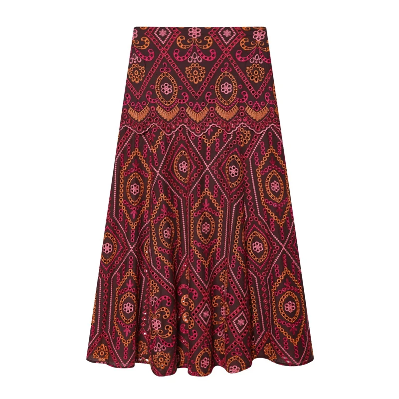 Robe longue bohème brodée pour femme, taille haute, ourlet évasé, imprimé ethnique, détails ajourés,