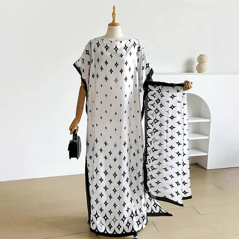 Nouvelle Robe Longue Ample en Soie Mélangée, Style Plage, Motif Moyen-Orient Imprimé, Élégante Robe 