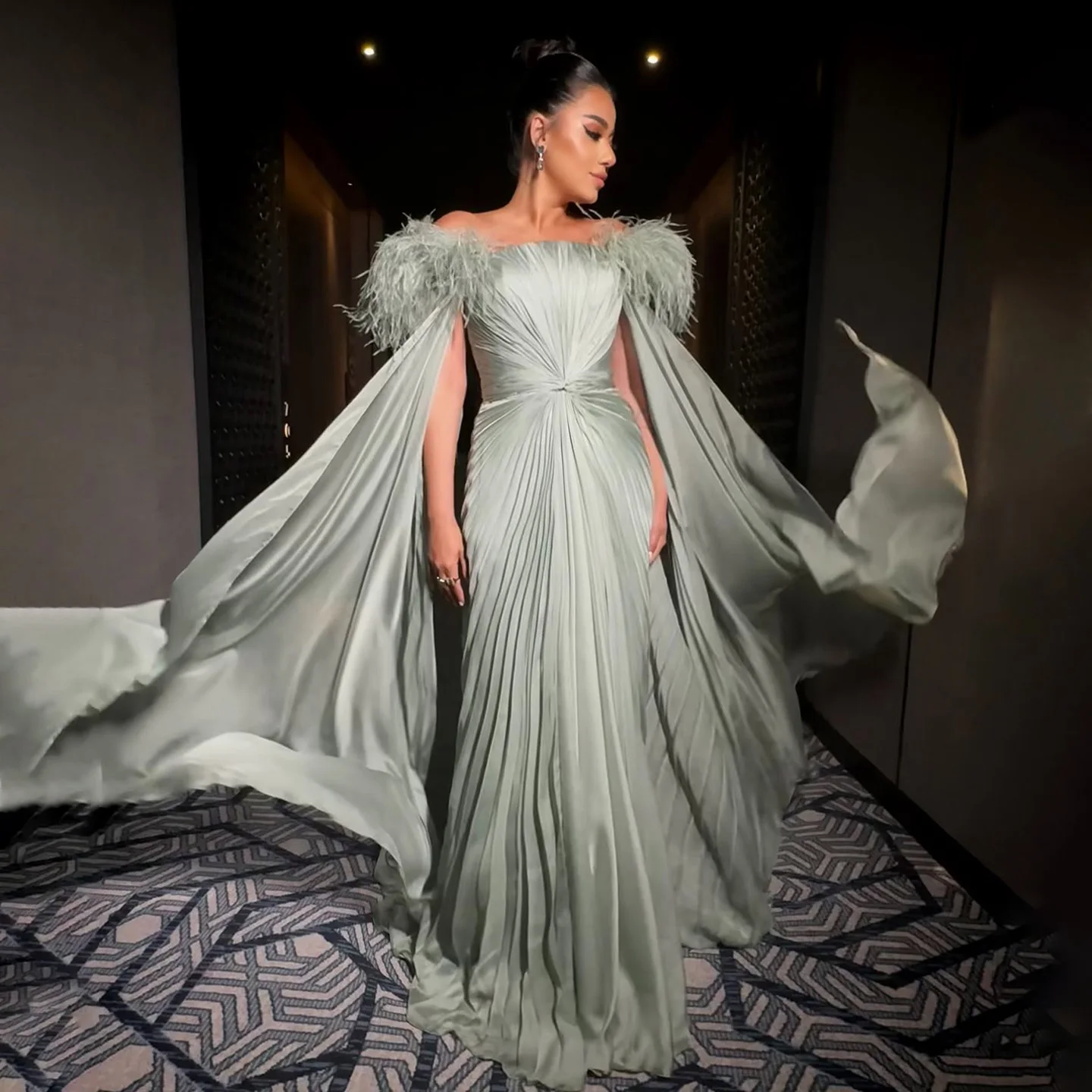 Sharon Said-Robe de Soirée à Manches Cape pour Femme, Tenue de Mariage Personnalisée, Vert Sauge, Du