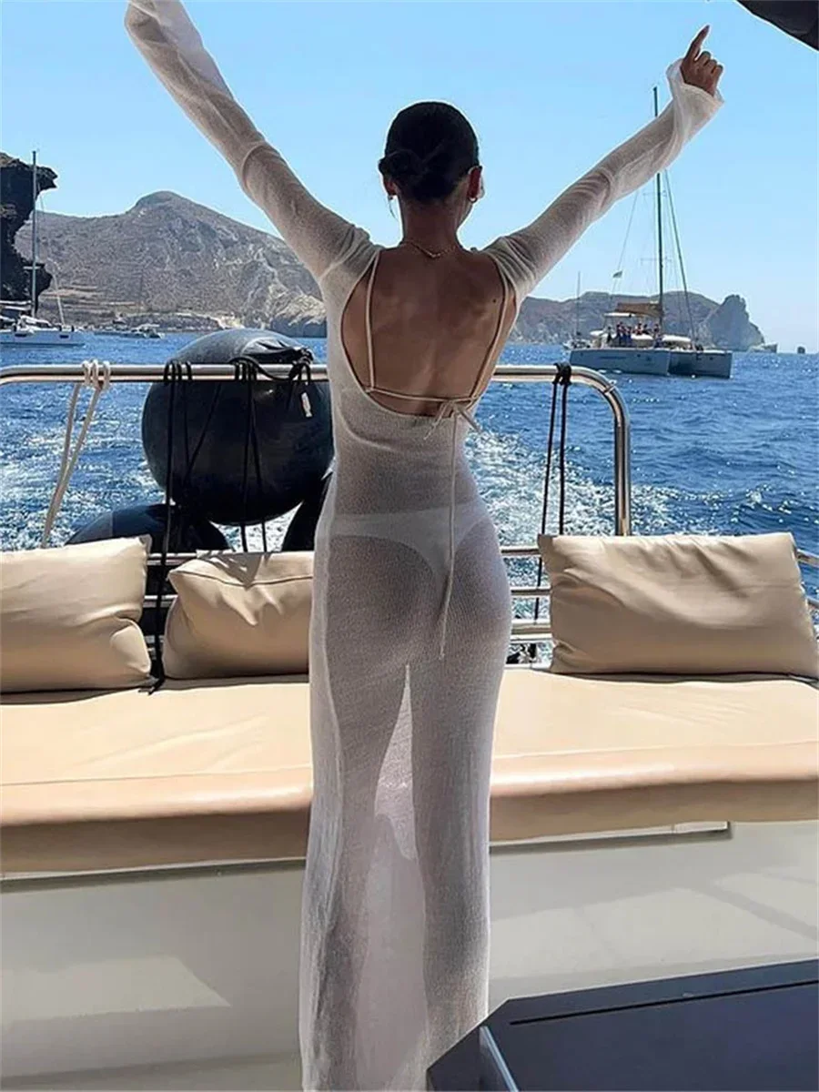 Robe enveloppée en maille pour femmes, manches longues, col rond, transparente, protection solaire,