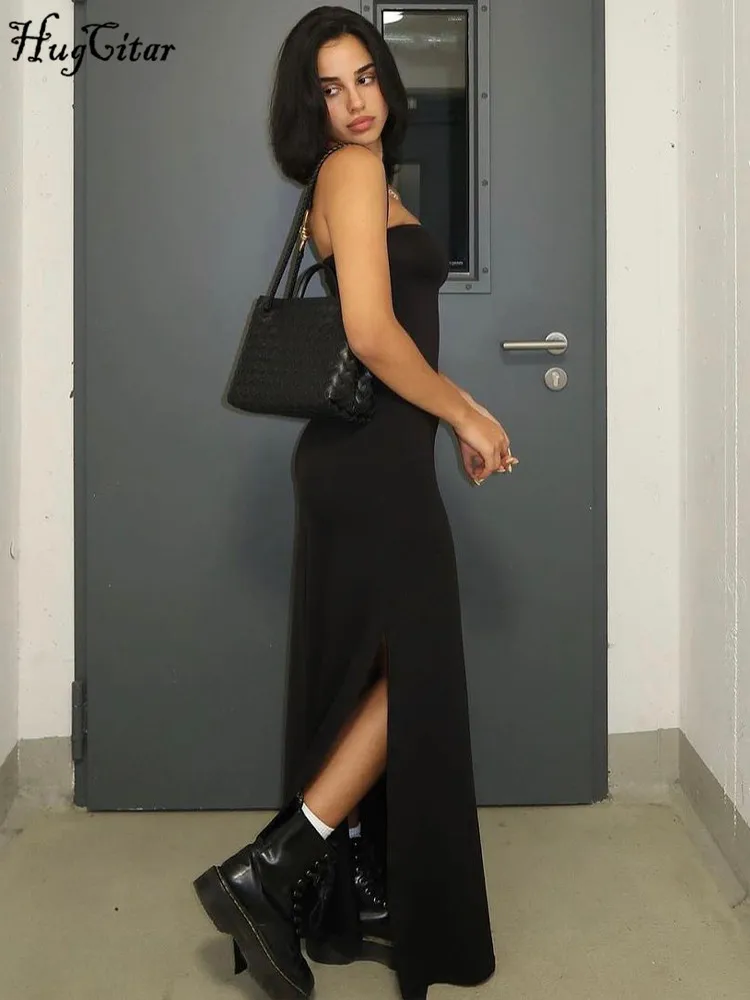 Hugcitar noir sans bretelles à manches longues Sexy moulante Maxi robe de bal 2024 automne hiver élé