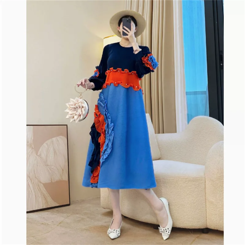 Miyake cravate fleur conception femmes robe plissée col rond à manches longues Colorblock Patchwork 