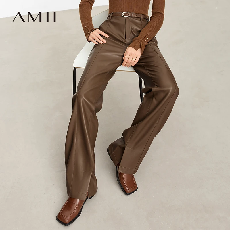 AMII minimaliste en cuir PU pantalons décontractés pour les femmes 2025 automne nouveau ample longue