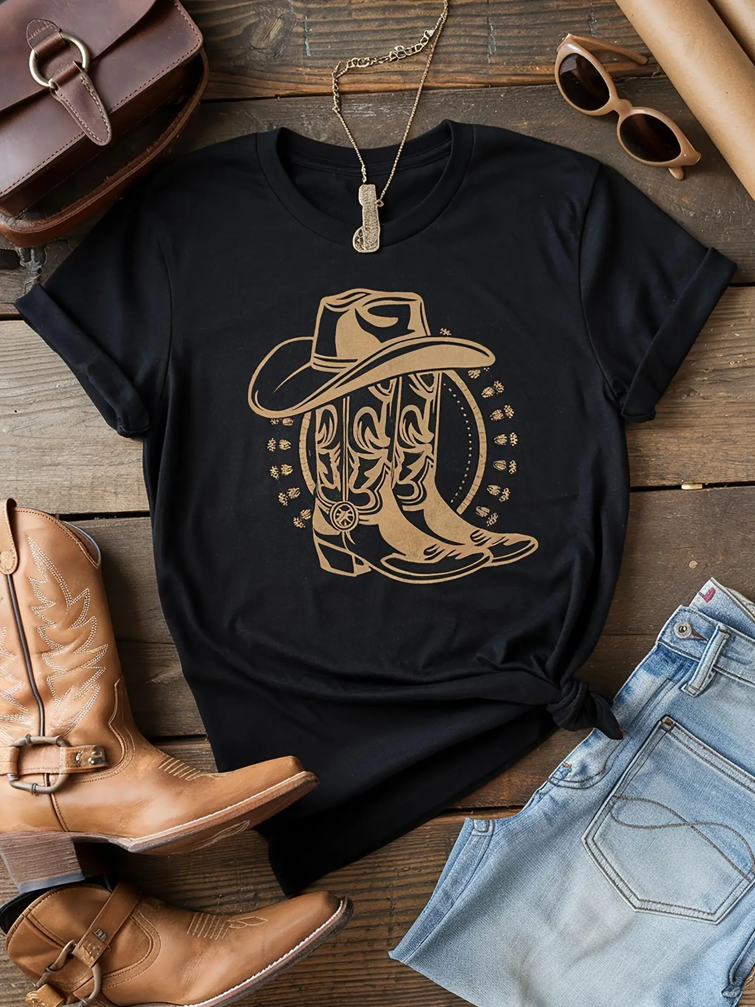 T-shirt délavé noir décontracté pour femmes, avec botte de cowboy occidentale et imprimé de chapeau,