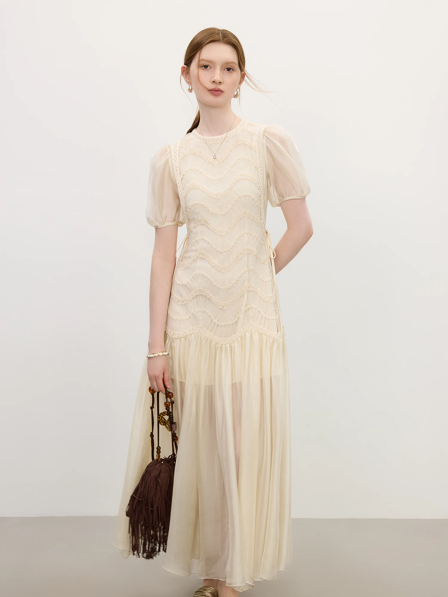 FSLE 2025 été femmes maille broderie robe évider épissage bulle manches taille cravate Y2K à la mode