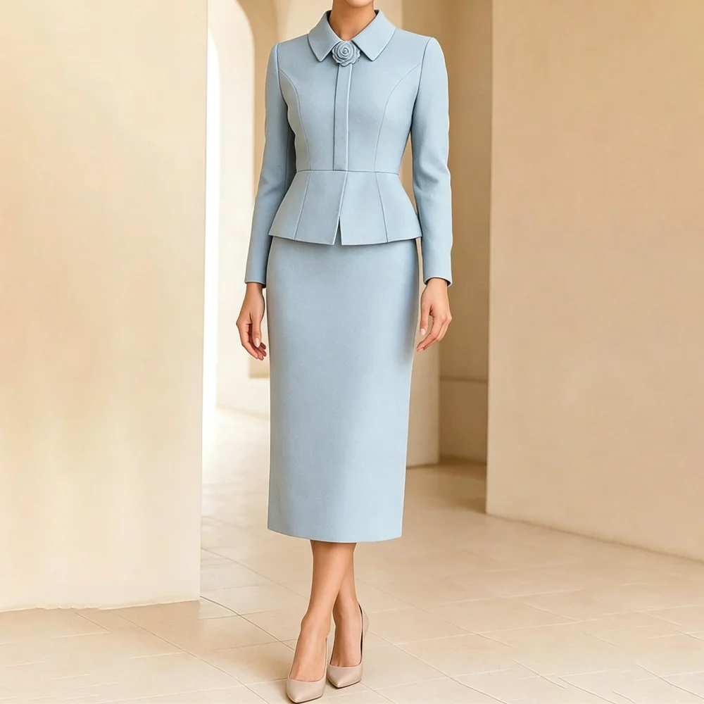 Robes personnalisées pour la mère de la mariée, bleu clair, col à revers, jupe deux pièces, tenue de