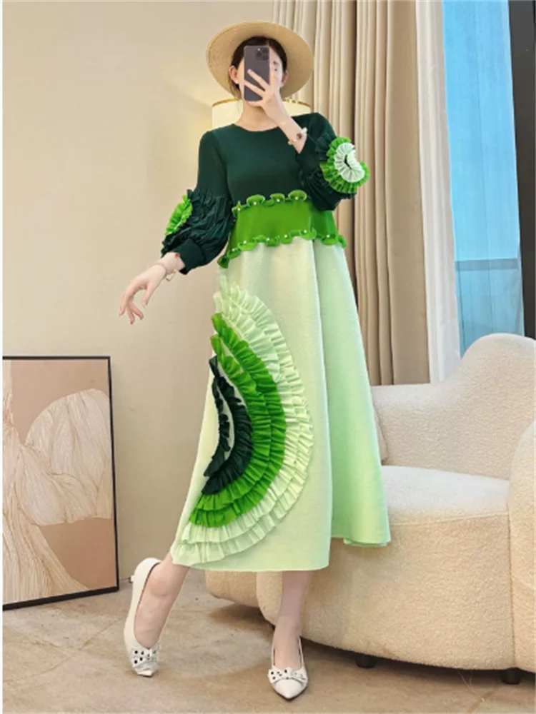 Miyake cravate fleur conception femmes robe plissée col rond à manches longues Colorblock Patchwork 
