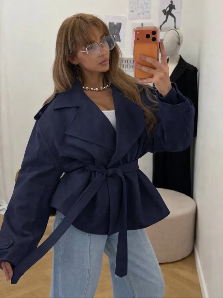 Dame couleur unie à lacets veste élégant Chic à manches longues revers bouton manteau ample automne 