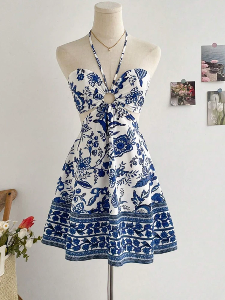 Robe romantique à imprimé Floral pour femmes, col licou, Sexy, à la mode, facile à créer, paresseux,