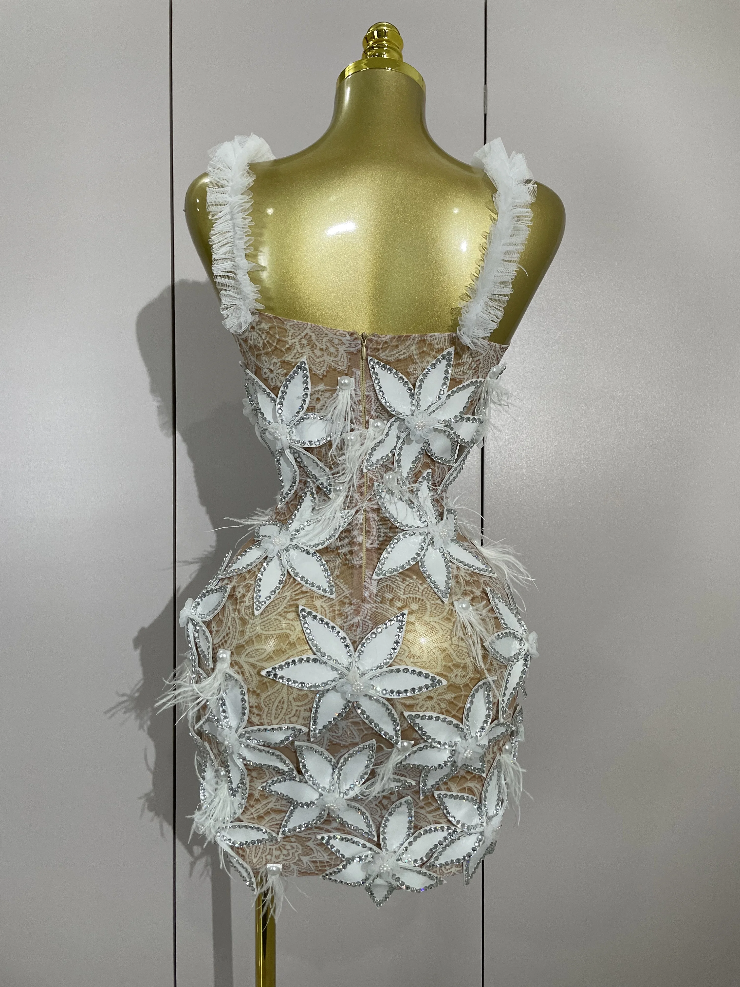 Sexy brillant diamant fleurs plumes blanc Transparent Slip robe courte soirée bal célébrer anniversa