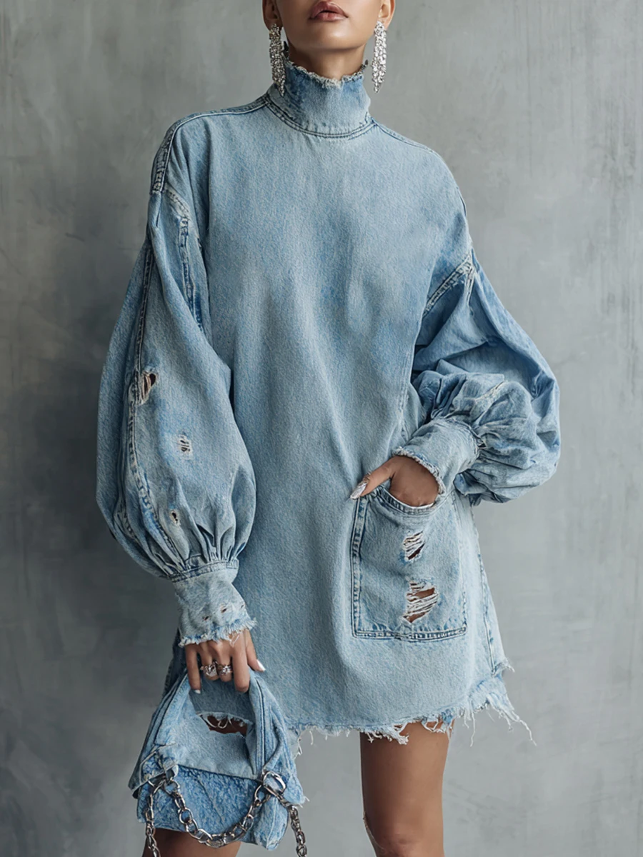 Robe Courte en Jean Rétro Tendance à Col Montant, Manches Lanterne, Poches et Détails Découpés, Coup