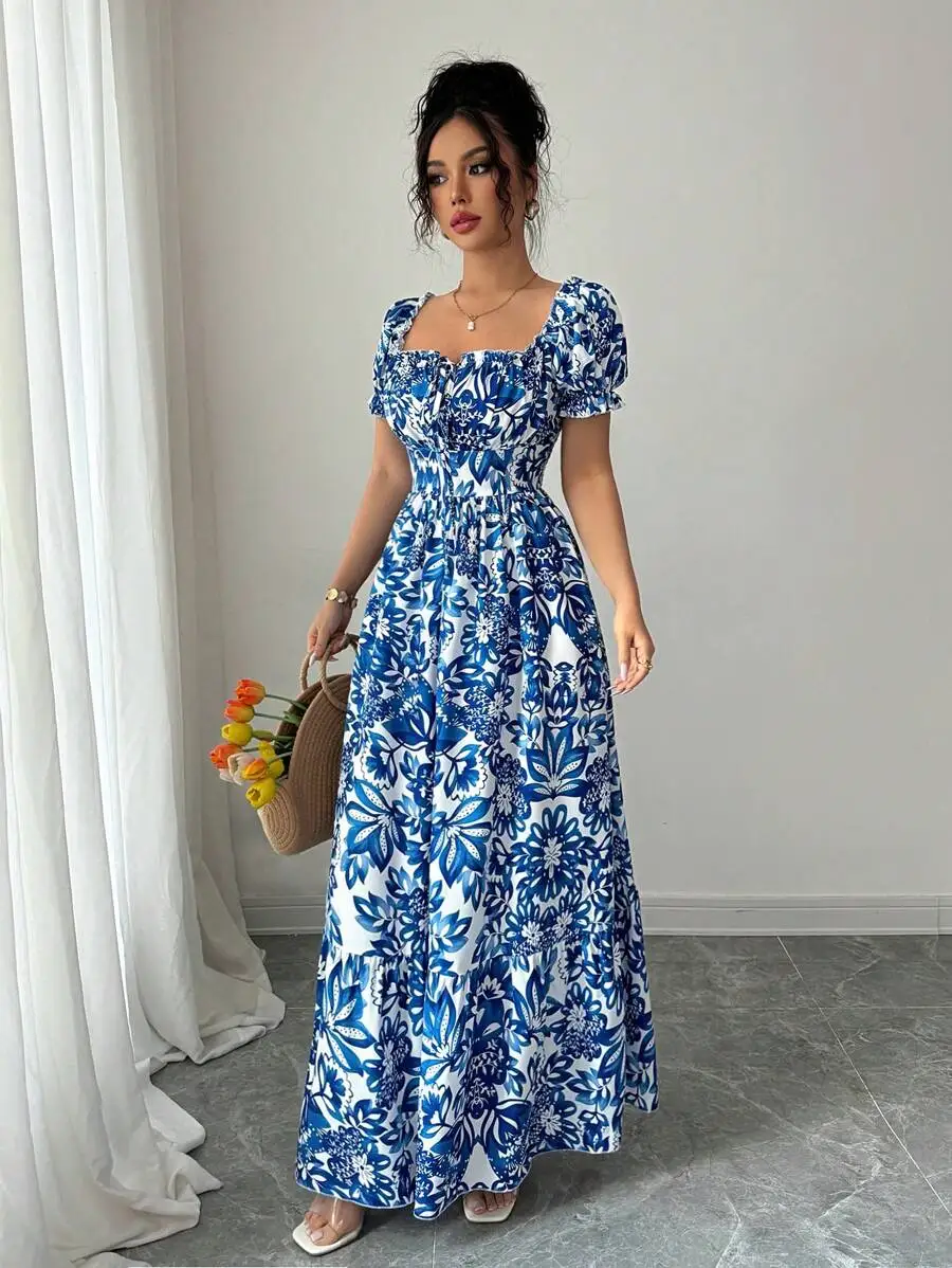 Robe élégante à manches bulles pour femmes, imprimé Floral, robe longue bleue, cravate sur le devant