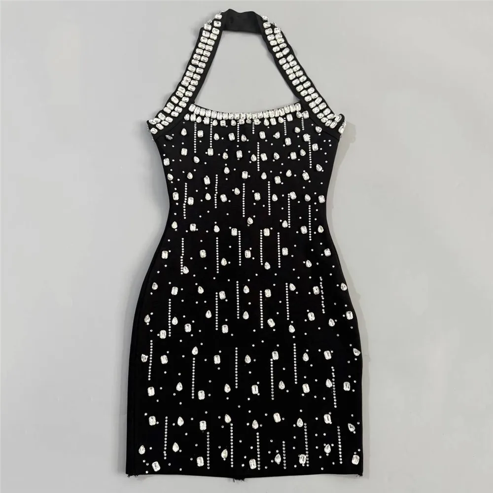 Robe de soirée mini pour femme, style halter, ornée de strass et de diamants, idéale pour les clubs 