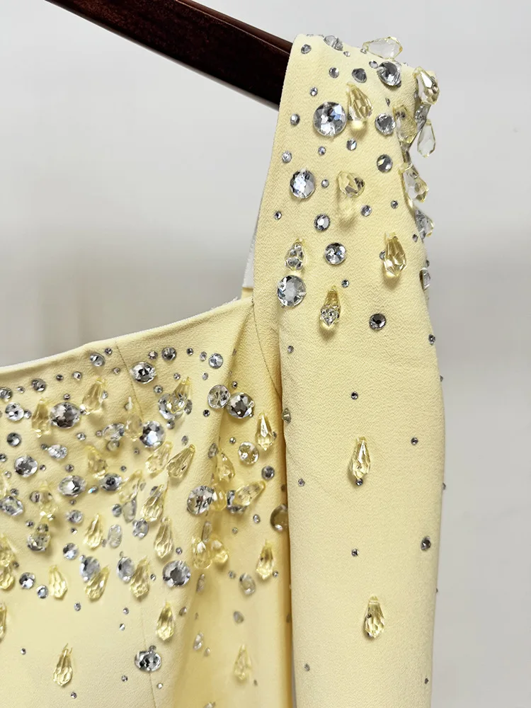 Robe longue maxi pour femme, col carré, perles et diamants, manches longues, nouvelle mode 2026, hau