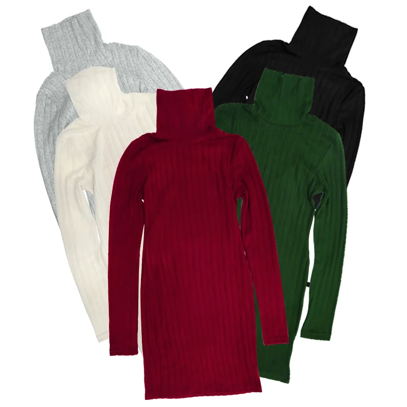 Nouvelles Robes Automne Hiver Femme Manches Longues Col Roulé Unies Sexy Moulantes Fourreau Mini Rob