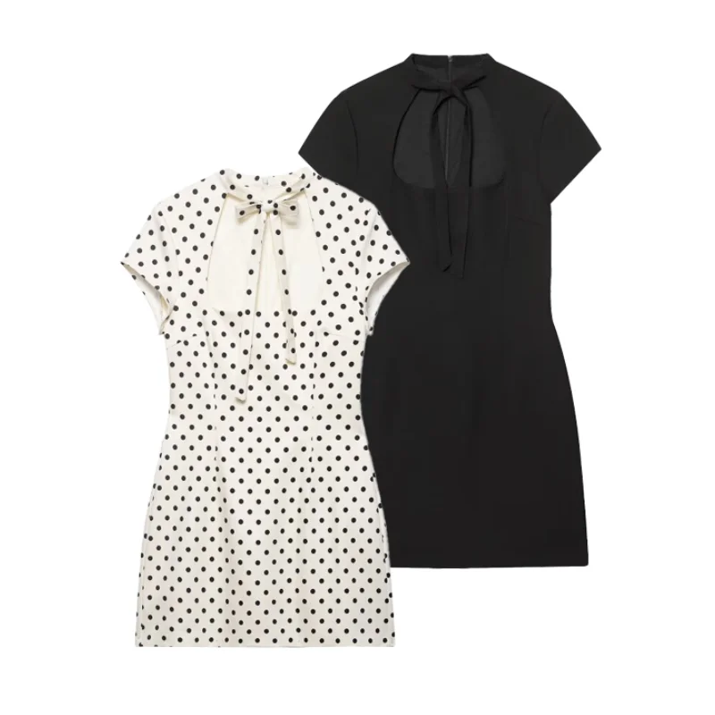 Mini-robe à découpes avec nœud papillon sur le devant, robe moulante à pois à manches courtes pour f
