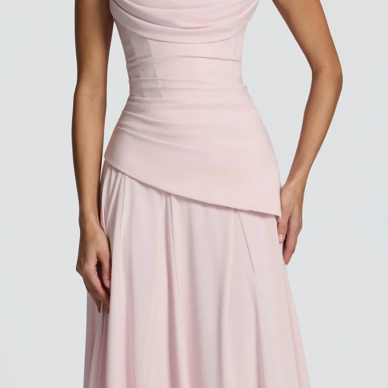 Robe de soirée rose poudré pour femme, col bénitier, dos froncé, à lacets, sans manches, élégante, p