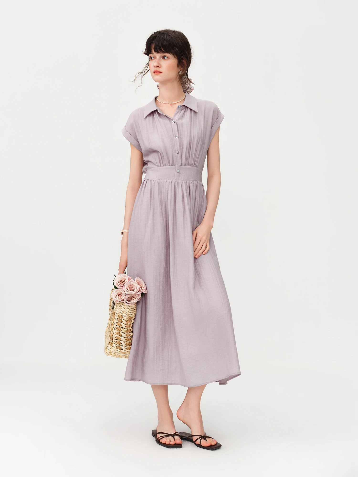 Robe mi-longue en lin coupe trapèze à col rabattu sans manches et taille ajustée en tissu Lyon, nouv