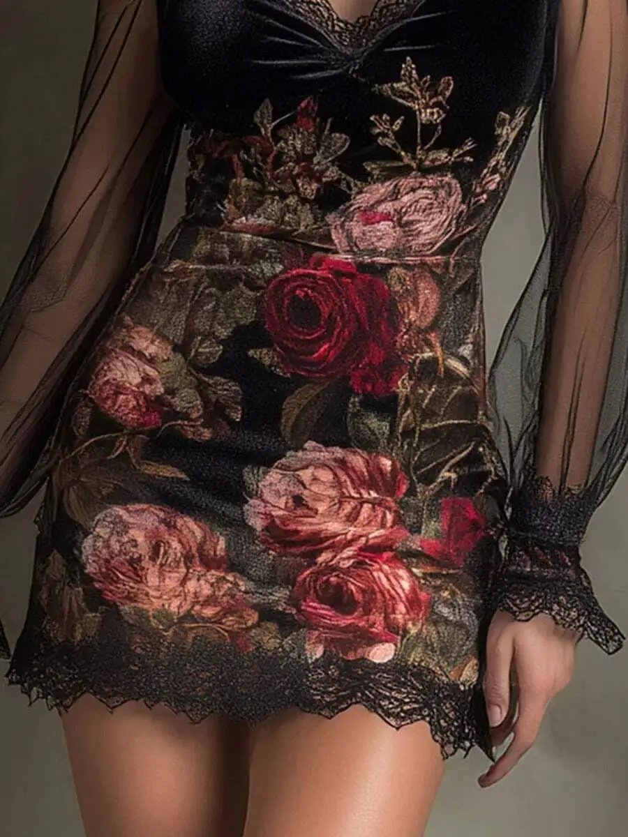 Robe courte sexy en dentelle et tissu transparent à col halter