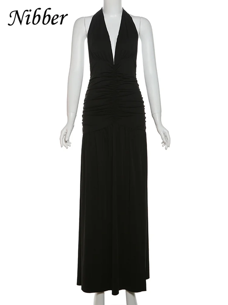 Nibber-Robe Longue Élégante pour Femme, Couleur Unie, Hipster, Col en V, Dos aux, Froncée, Fente Lat