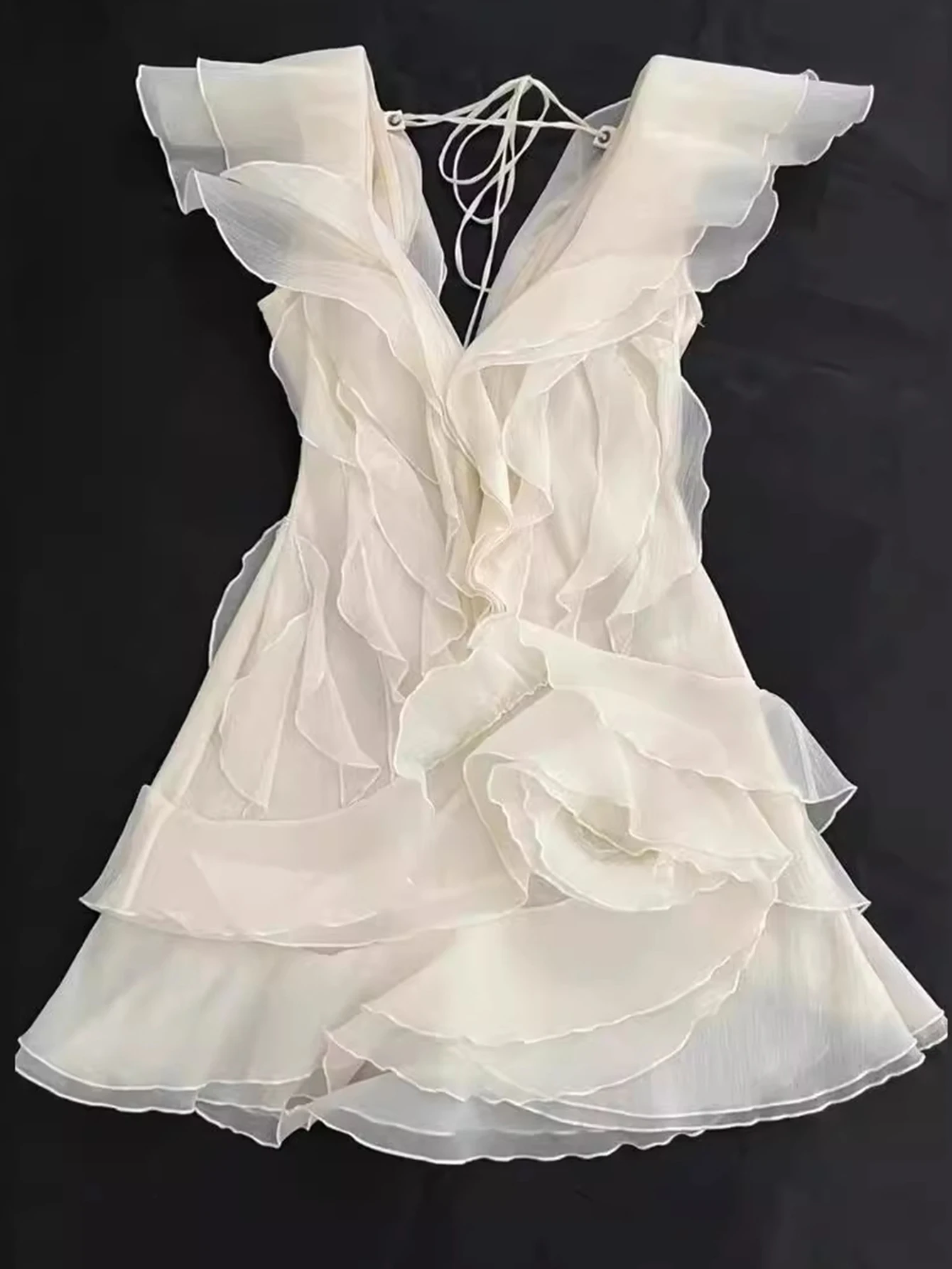 Mini robe d'été sexy en maille, dos nu, à volants, courte, tenue de soirée, vacances, Rh, anniversai