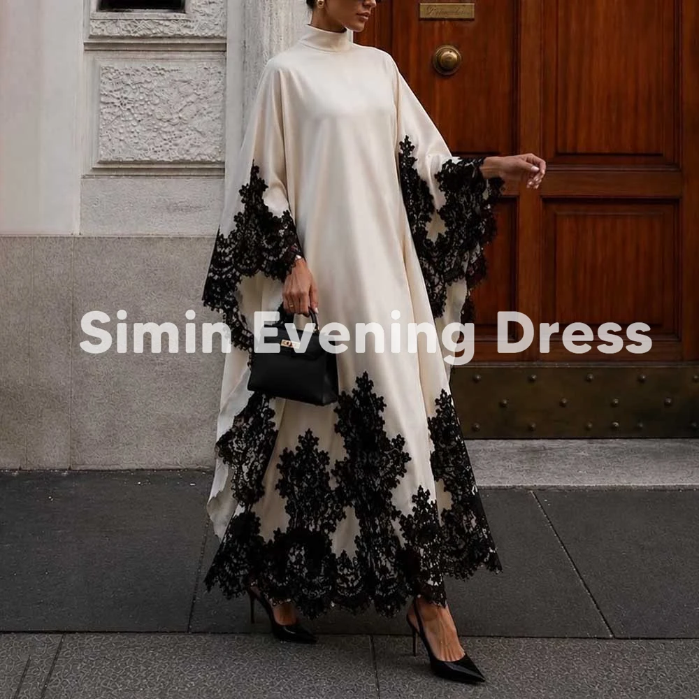 Robe de soirée élégante Simin à col montant, Abaya longue en satin noir et dentelle pour femme, idéa