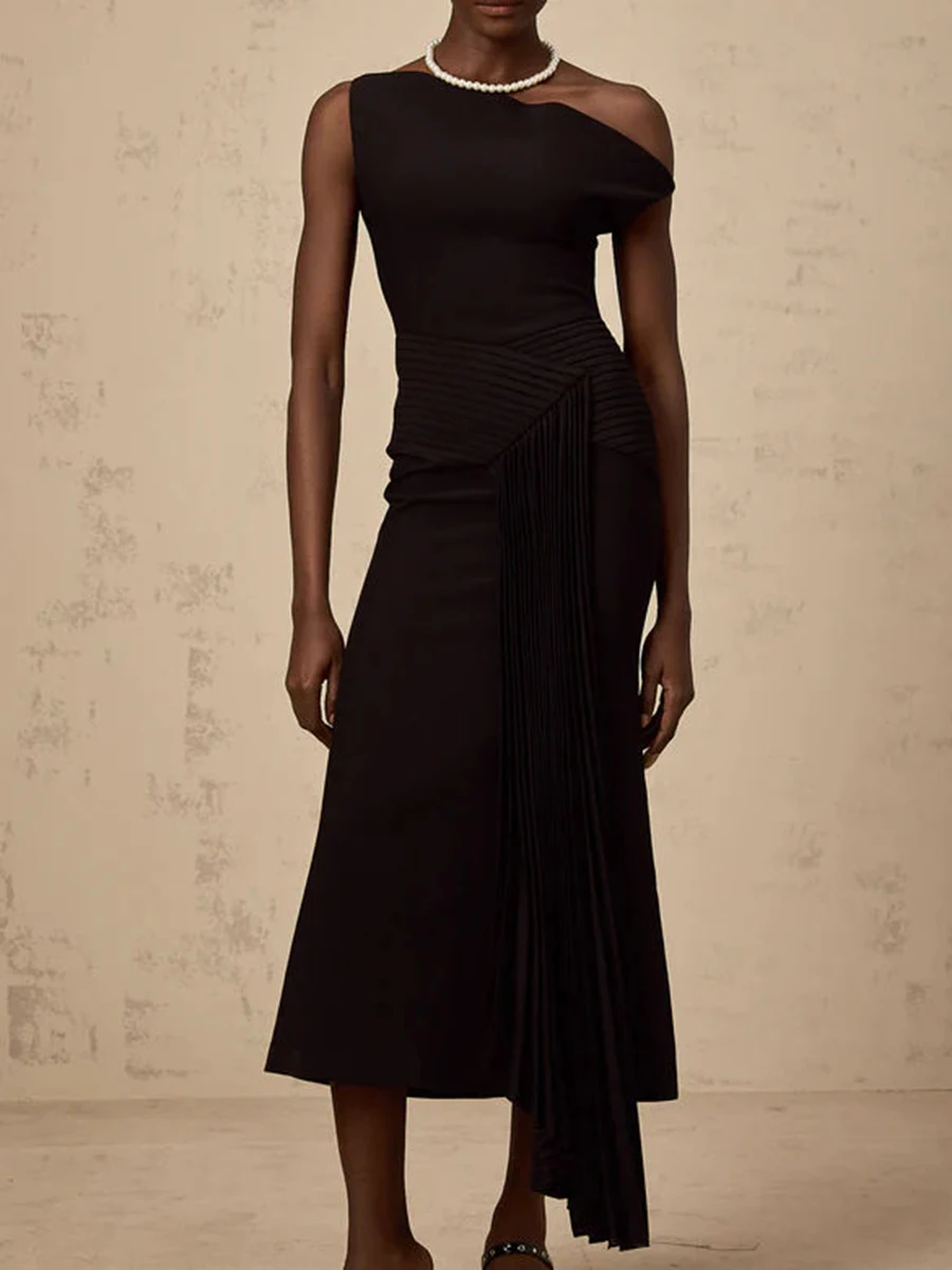 TWOTWINSTYLE – robe mi-longue élégante et amincissante pour femmes, couleur unie, col diagonal, épau