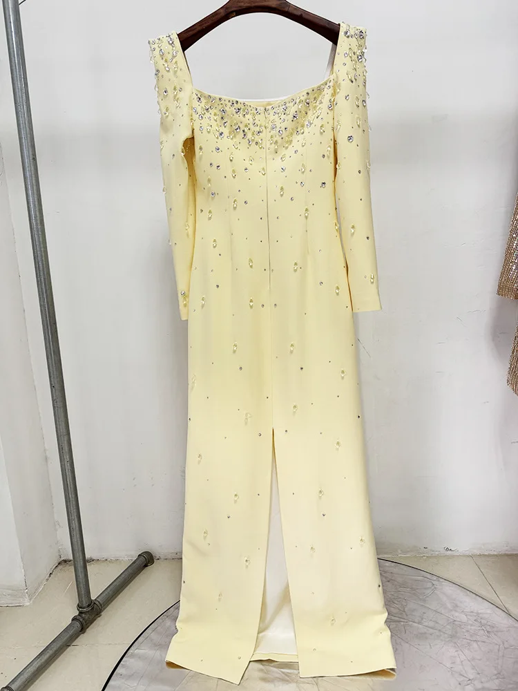 Robe longue maxi pour femme, col carré, perles et diamants, manches longues, nouvelle mode 2026, hau