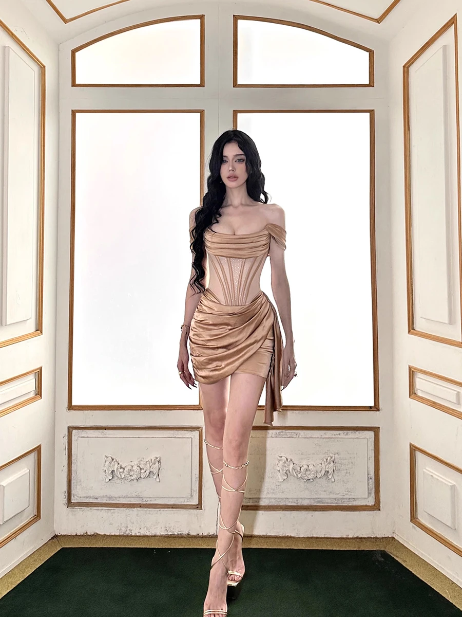 REDDACHIC-Mini robe corset en satin doré pour femme, robe transparente, patchwork en arête de poisso